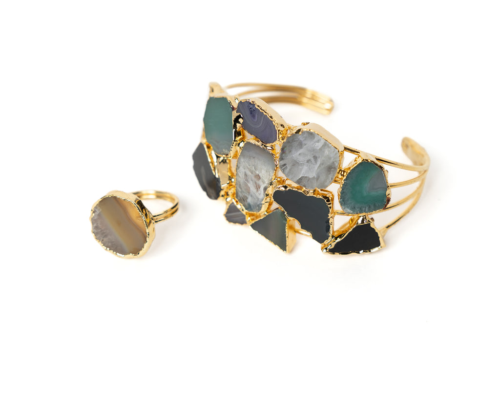 Natural Agate Bracelet & Adjustable Ring Set – Gold Plated