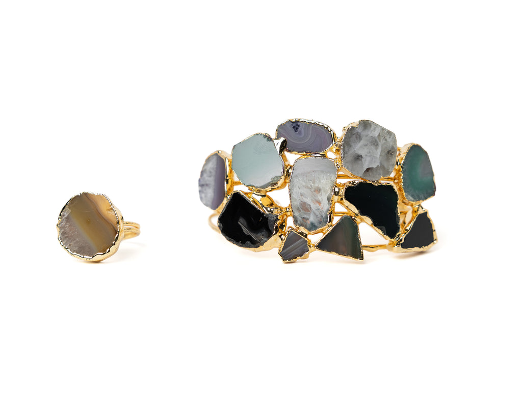 Natural Agate Bracelet & Adjustable Ring Set – Gold Plated