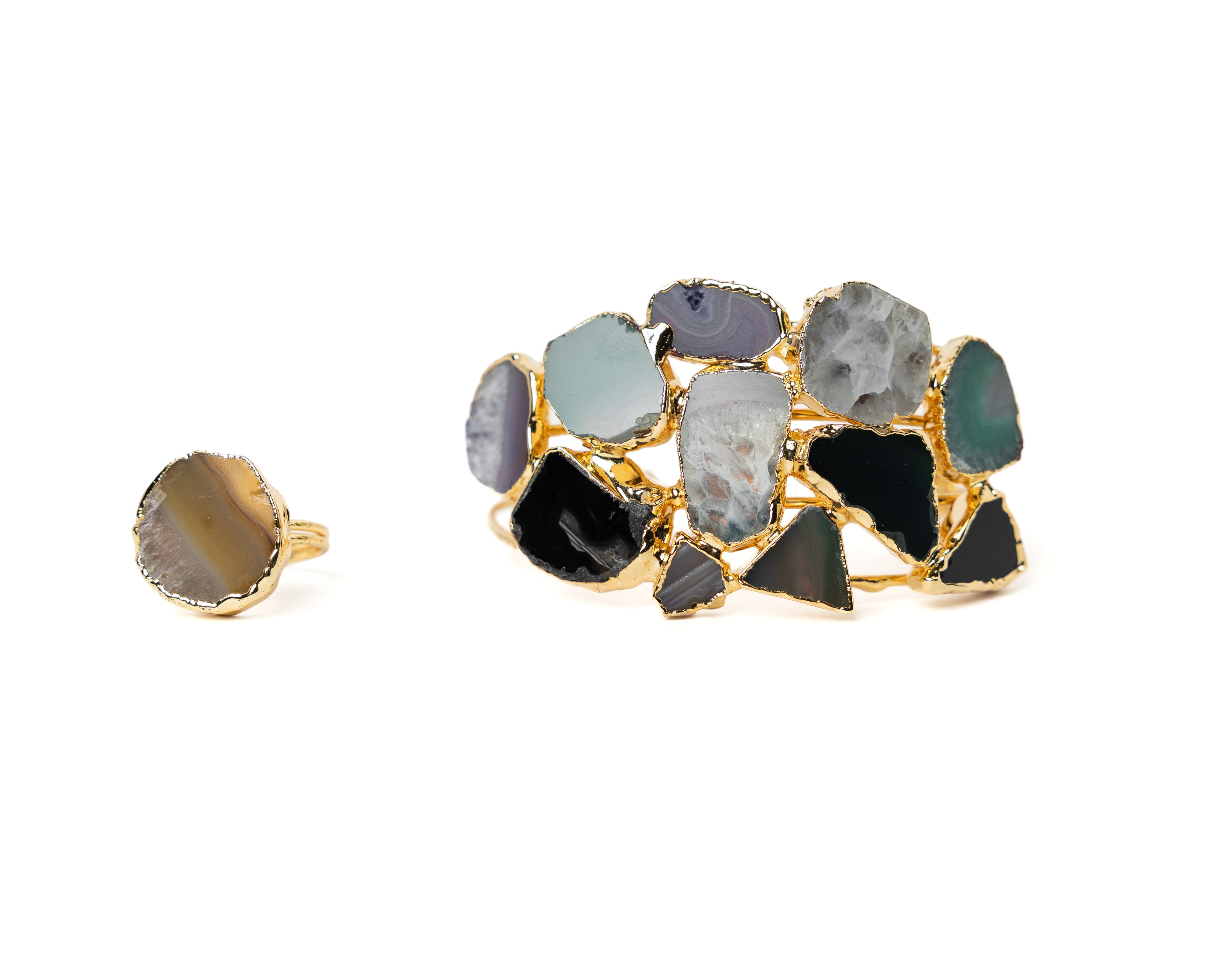 Natural Agate Bracelet & Adjustable Ring Set – Gold Plated