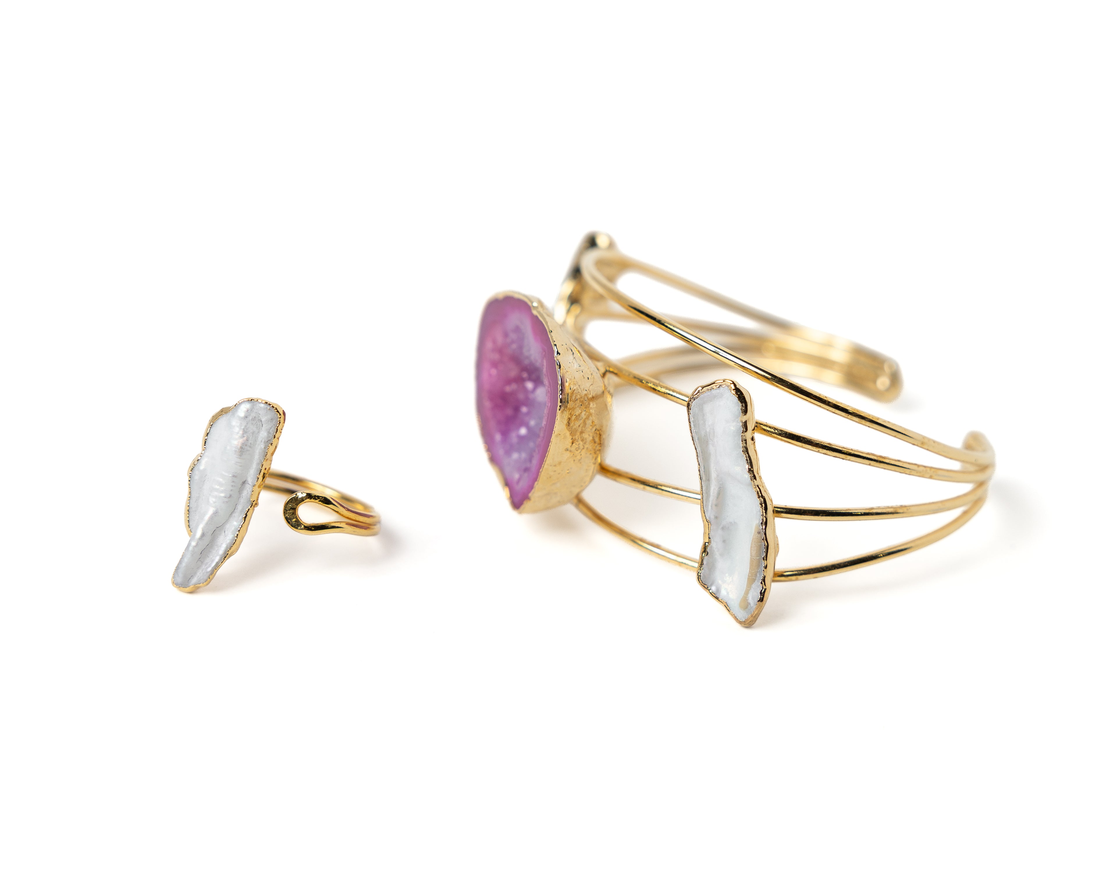 Purple Agate Geode & Freshwater Pearl Bracelet & Ring Set – Gold Plated