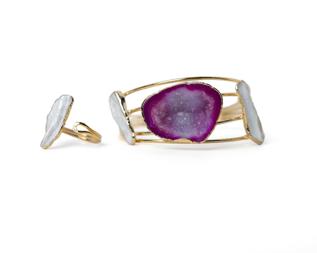 Purple Agate Geode & Freshwater Pearl Bracelet & Ring Set – Gold Plated