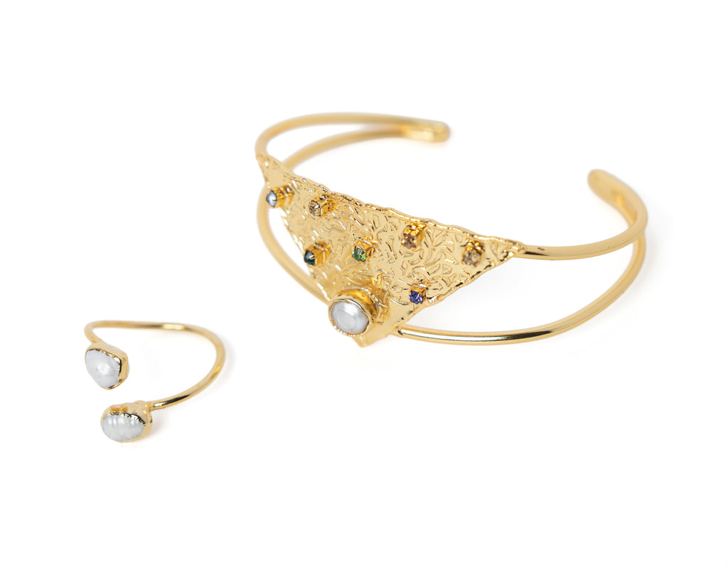 Natural Pearl Bracelet & Ring Set - Gold Plated