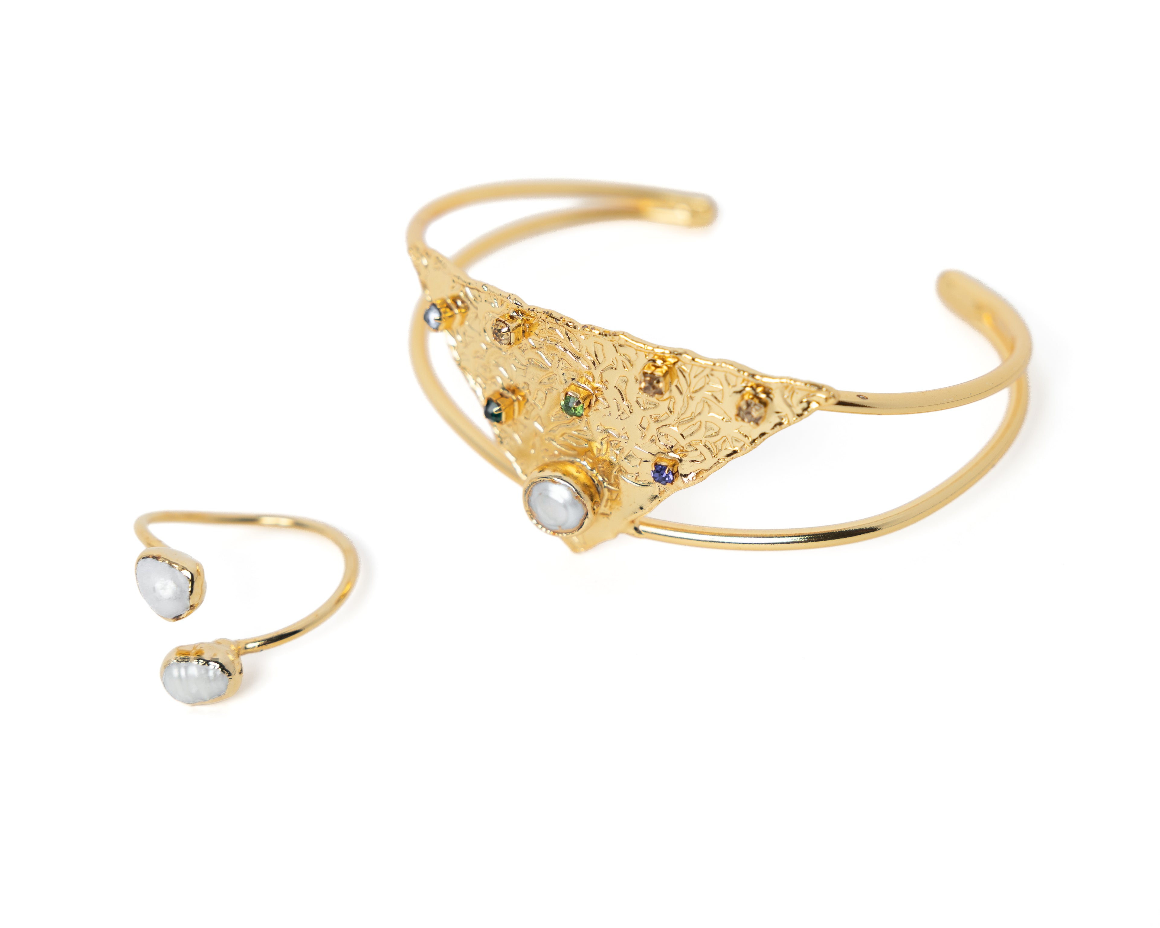 Natural Pearl Bracelet & Ring Set - Gold Plated