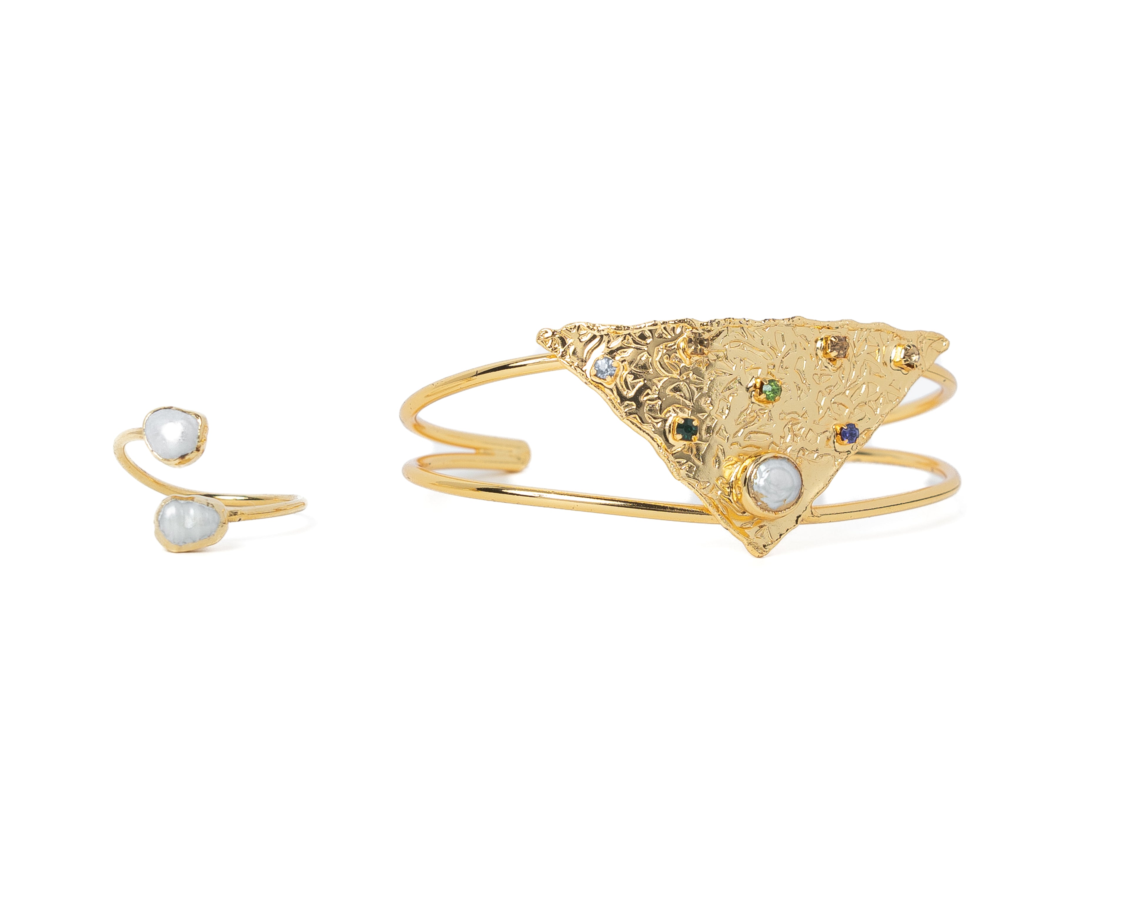 Natural Pearl Bracelet & Ring Set - Gold Plated