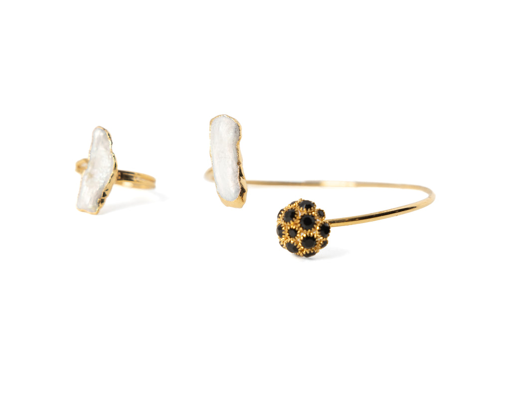 Freshwater Pearl & Crystal Bracelet & Ring Set – Gold Plated