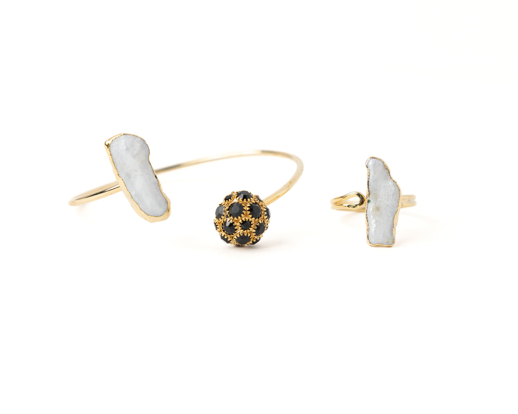 Freshwater Pearl & Crystal Bracelet & Ring Set – Gold Plated