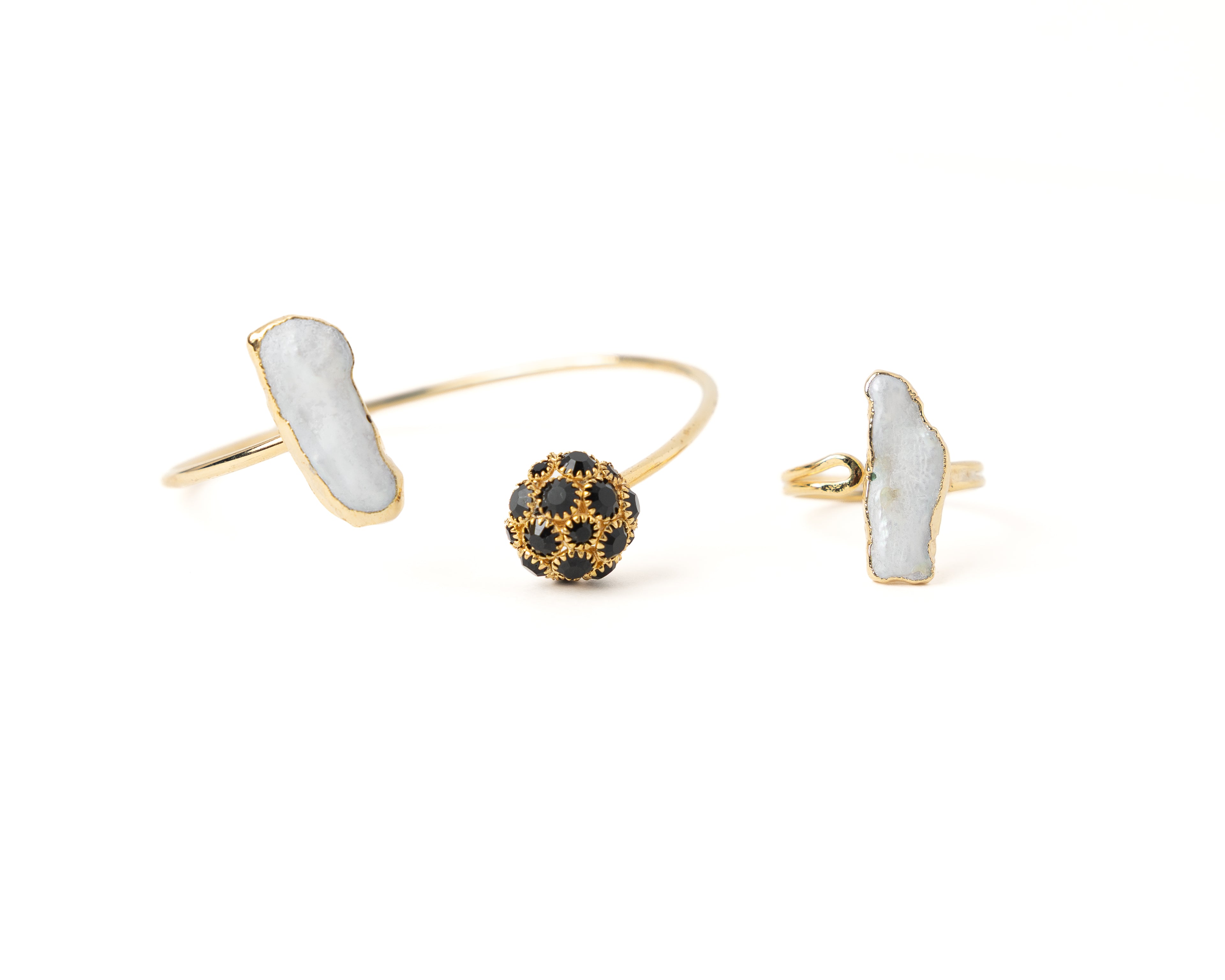 Freshwater Pearl & Crystal Bracelet & Ring Set – Gold Plated