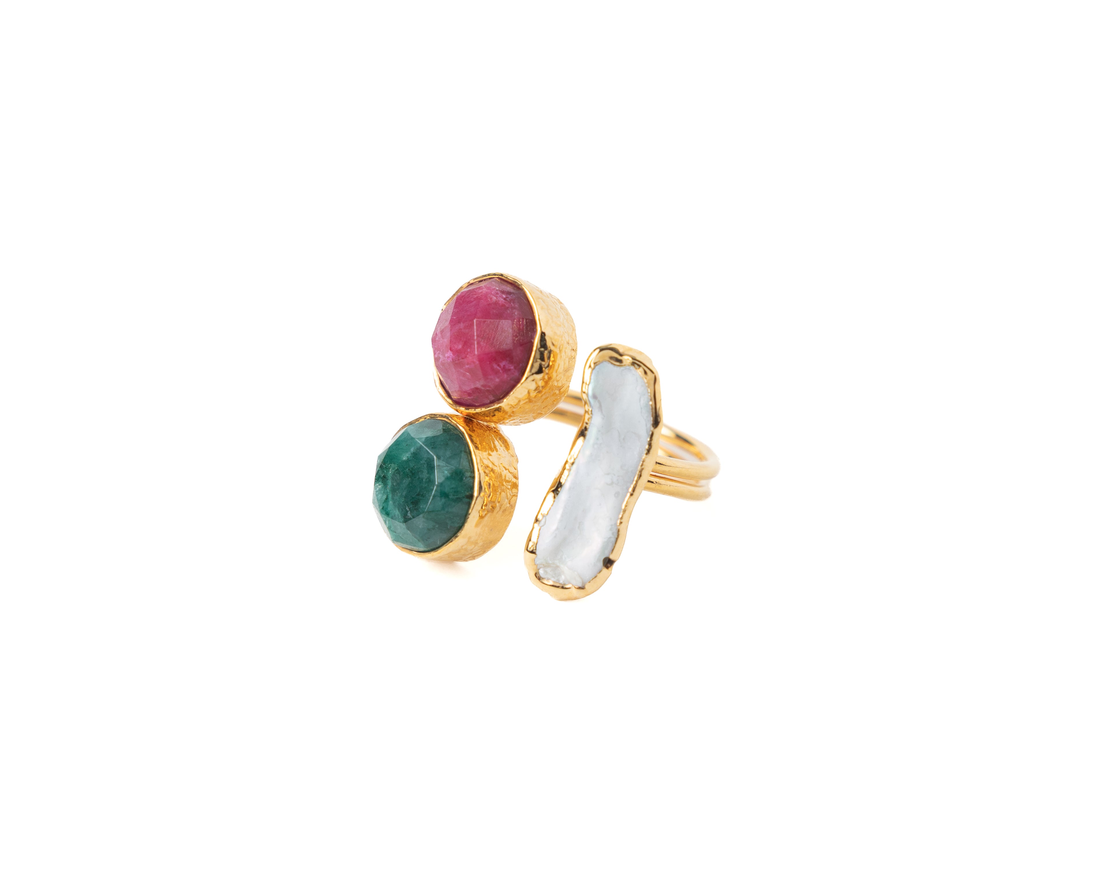 Red & Green Chalcedony with Stick Baroque Pearl Ring – Gold Plated