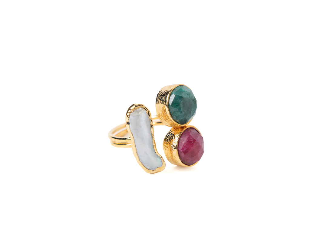 Red & Green Chalcedony with Stick Baroque Pearl Ring – Gold Plated