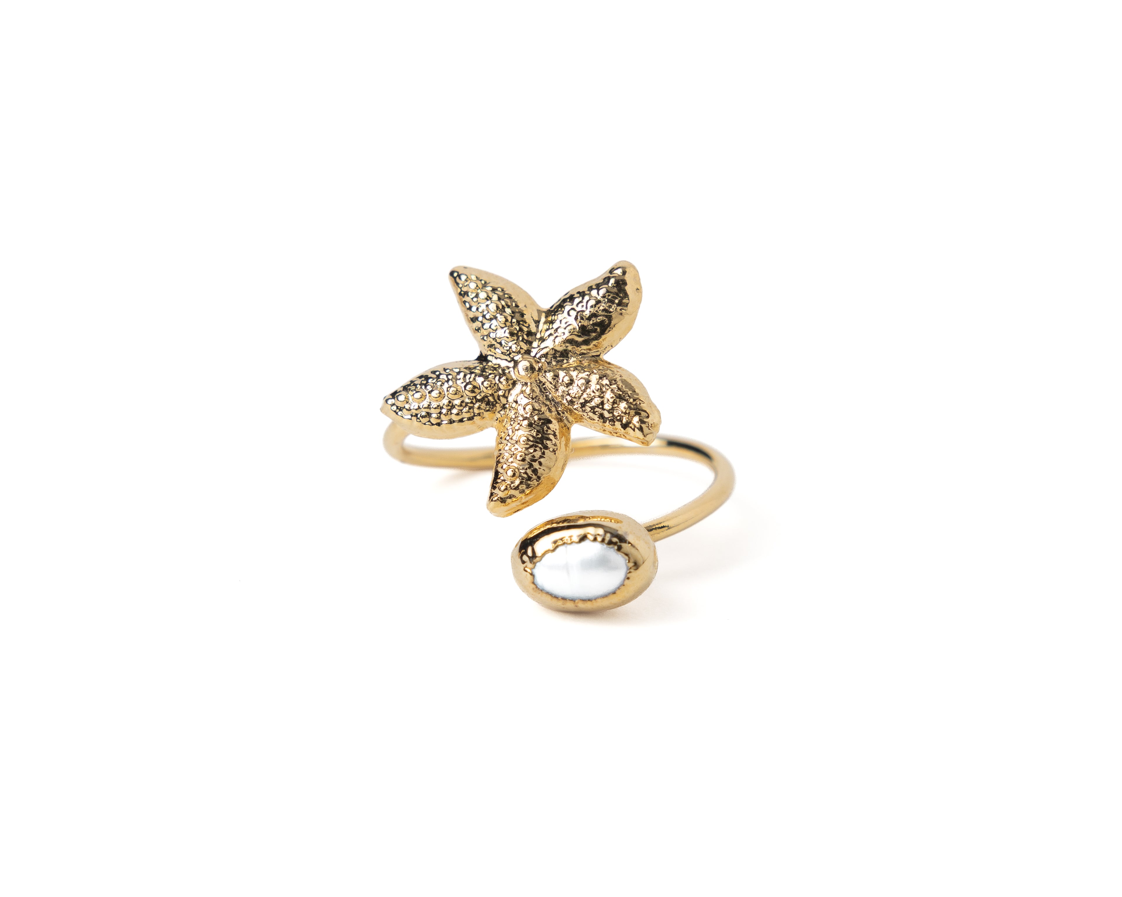 Freshwater Pearl & Starfish Adjustable Ring – Gold Plated