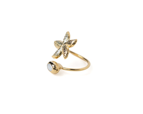 Freshwater Pearl & Starfish Adjustable Ring – Gold Plated