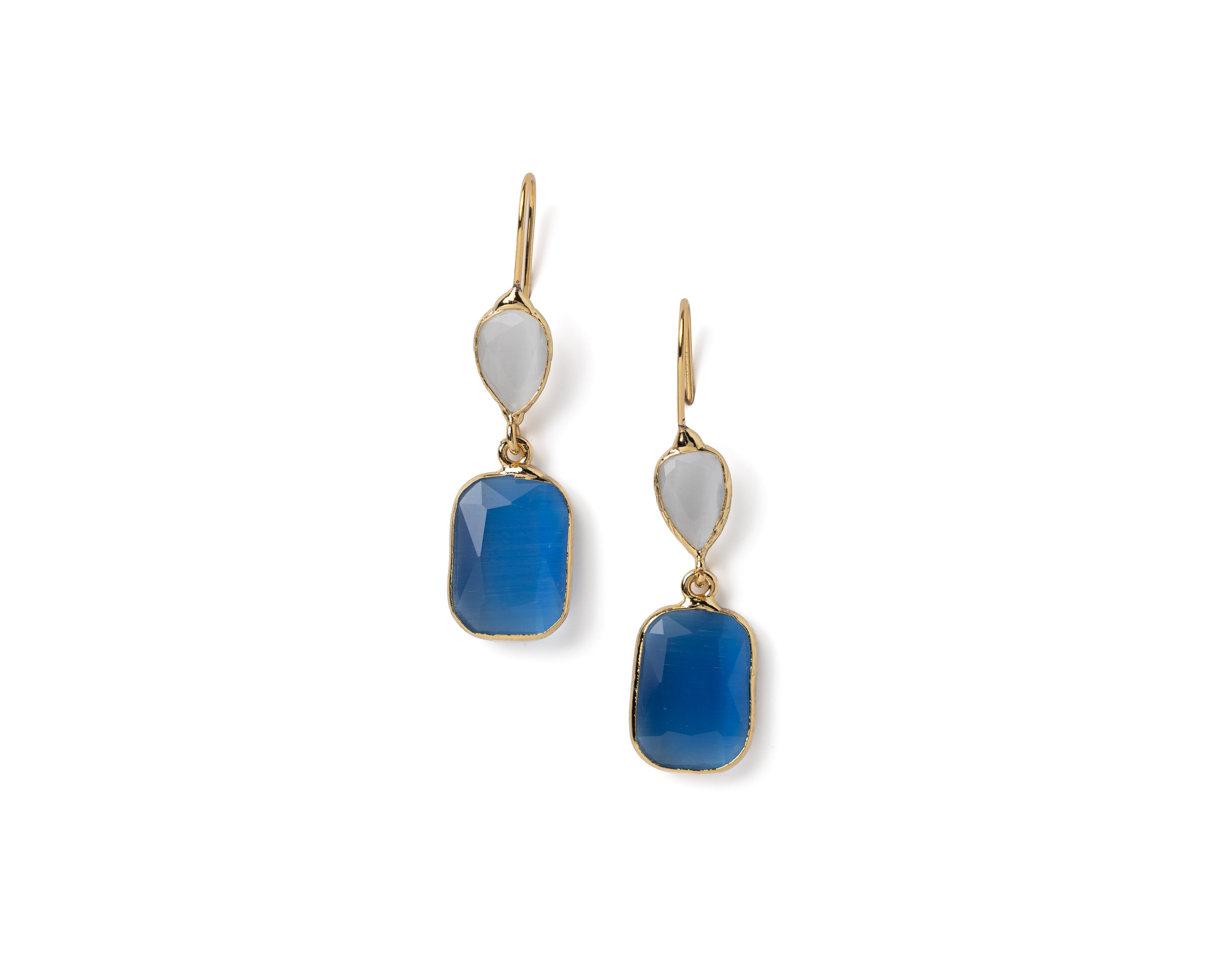 Faceted Cat’s Eye & White Chalcedony Drop Earrings – Gold Plated