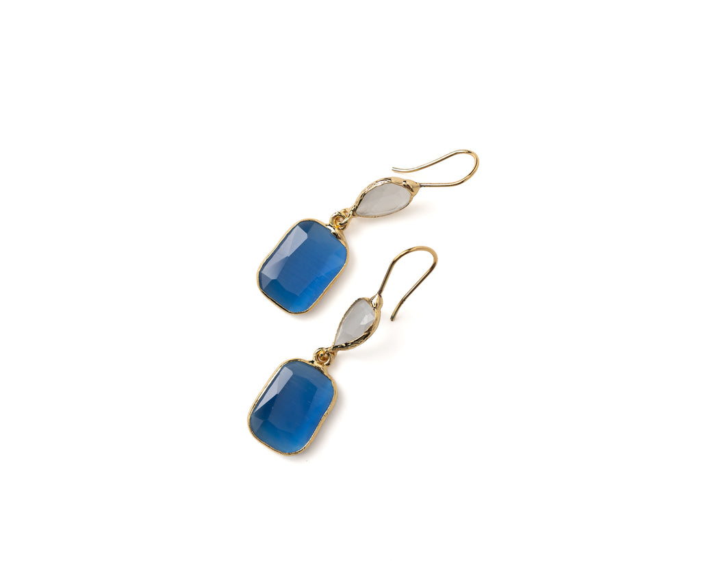 Faceted Cat’s Eye & White Chalcedony Drop Earrings – Gold Plated