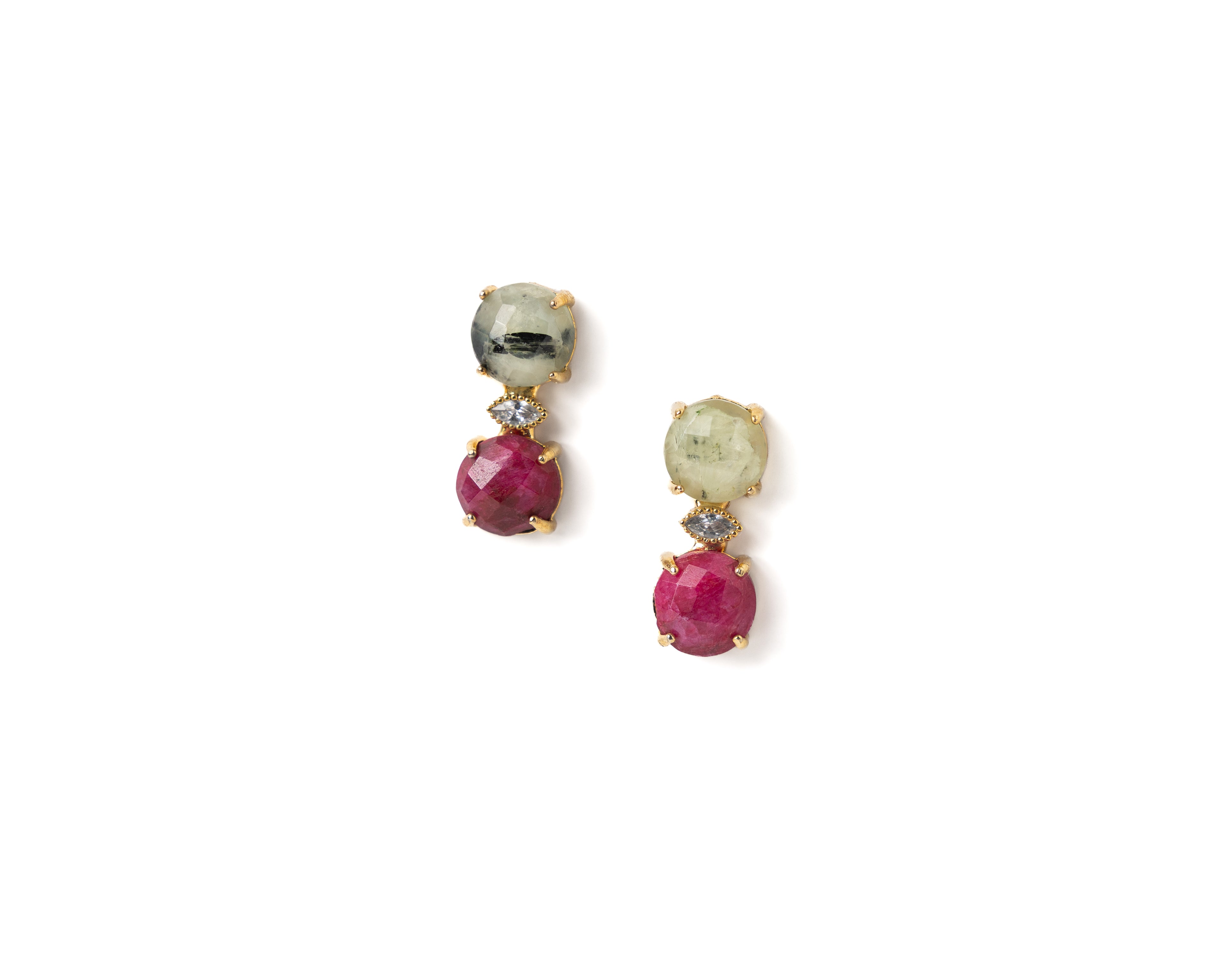 Natural Prehnite & Ruby Earrings – Gold Plated