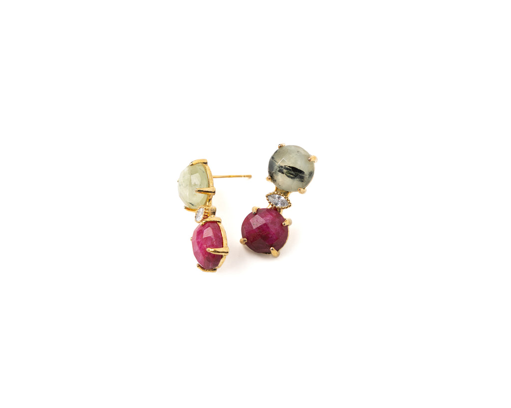 Natural Prehnite & Ruby Earrings – Gold Plated