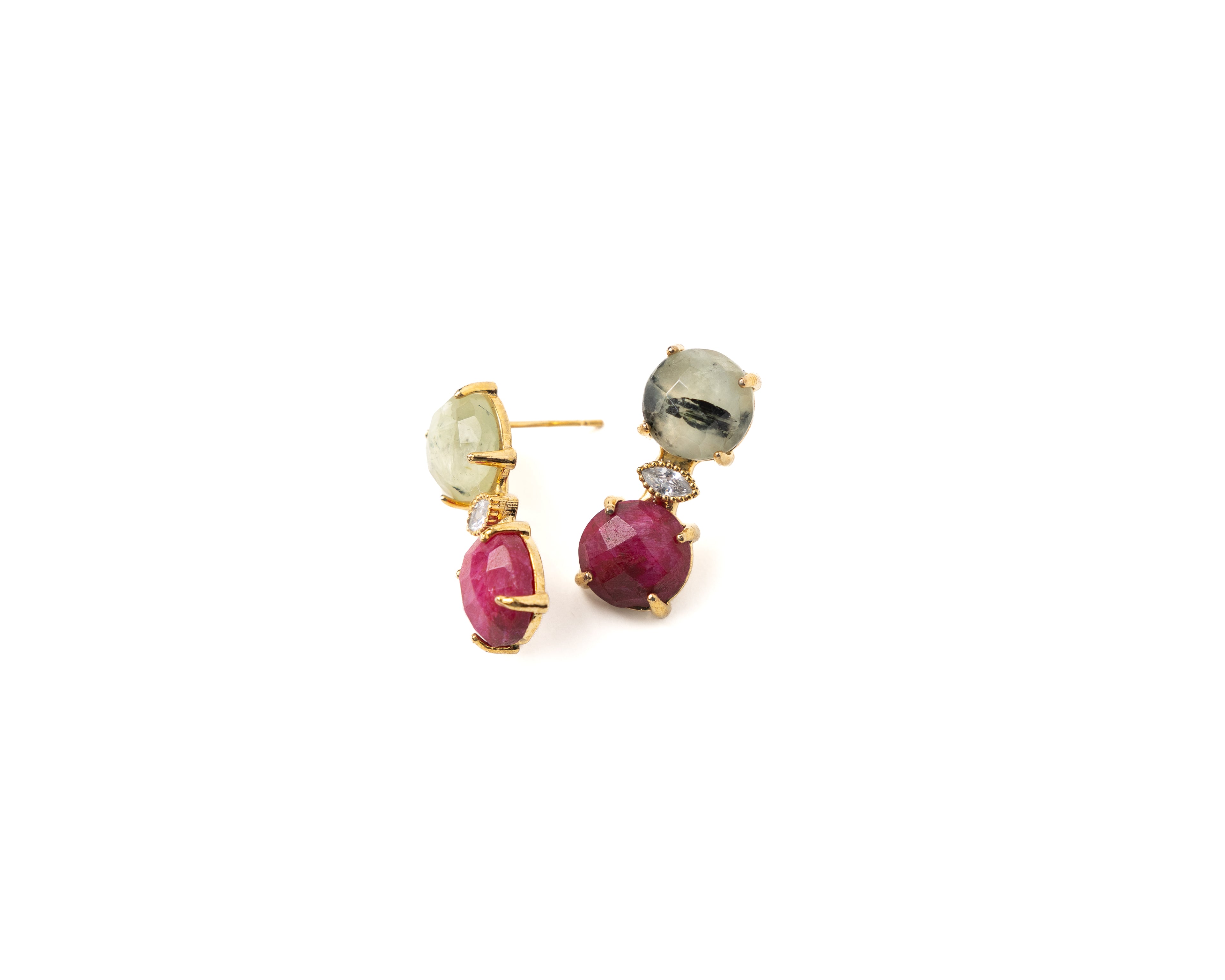 Natural Prehnite & Ruby Earrings – Gold Plated
