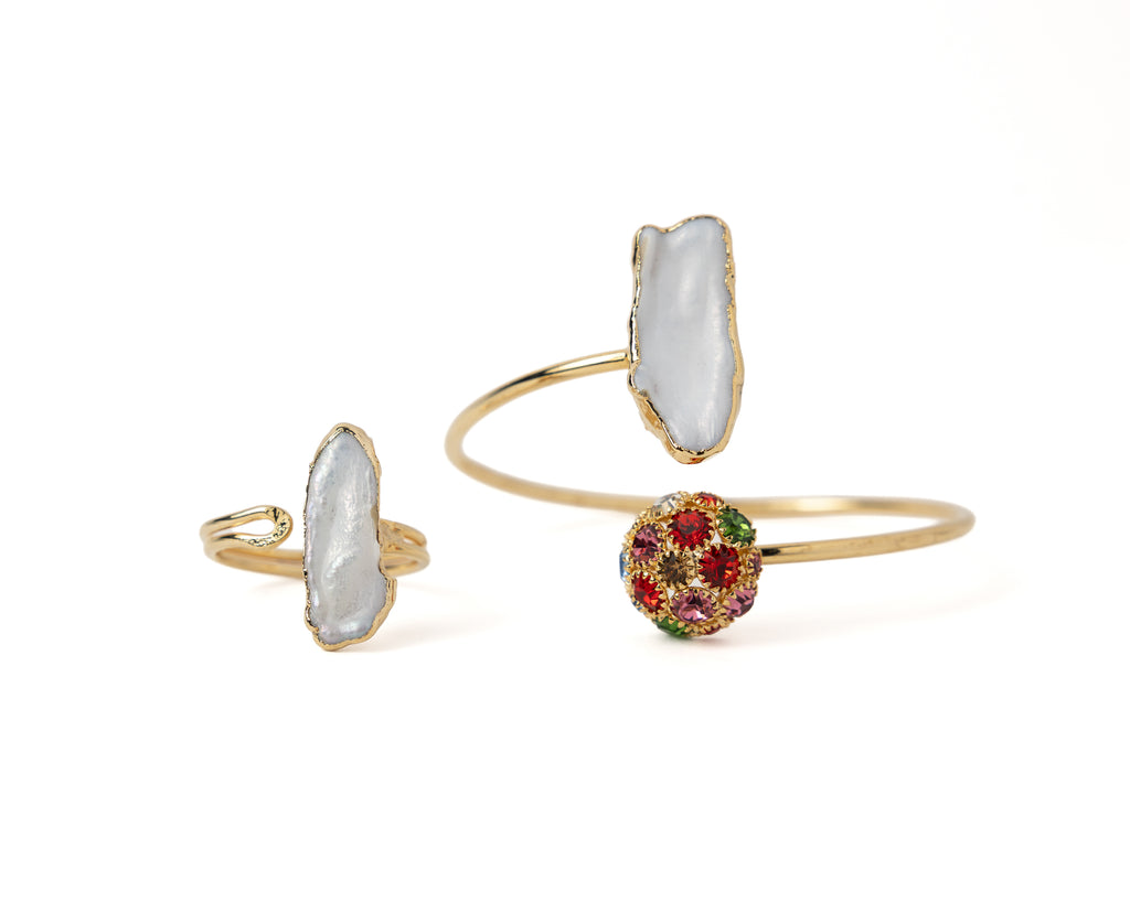 Freshwater Pearl & Crystal Bracelet & Ring Set – Gold Plated