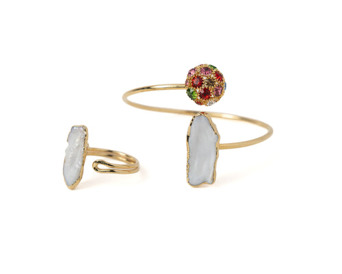 Freshwater Pearl & Crystal Bracelet & Ring Set – Gold Plated