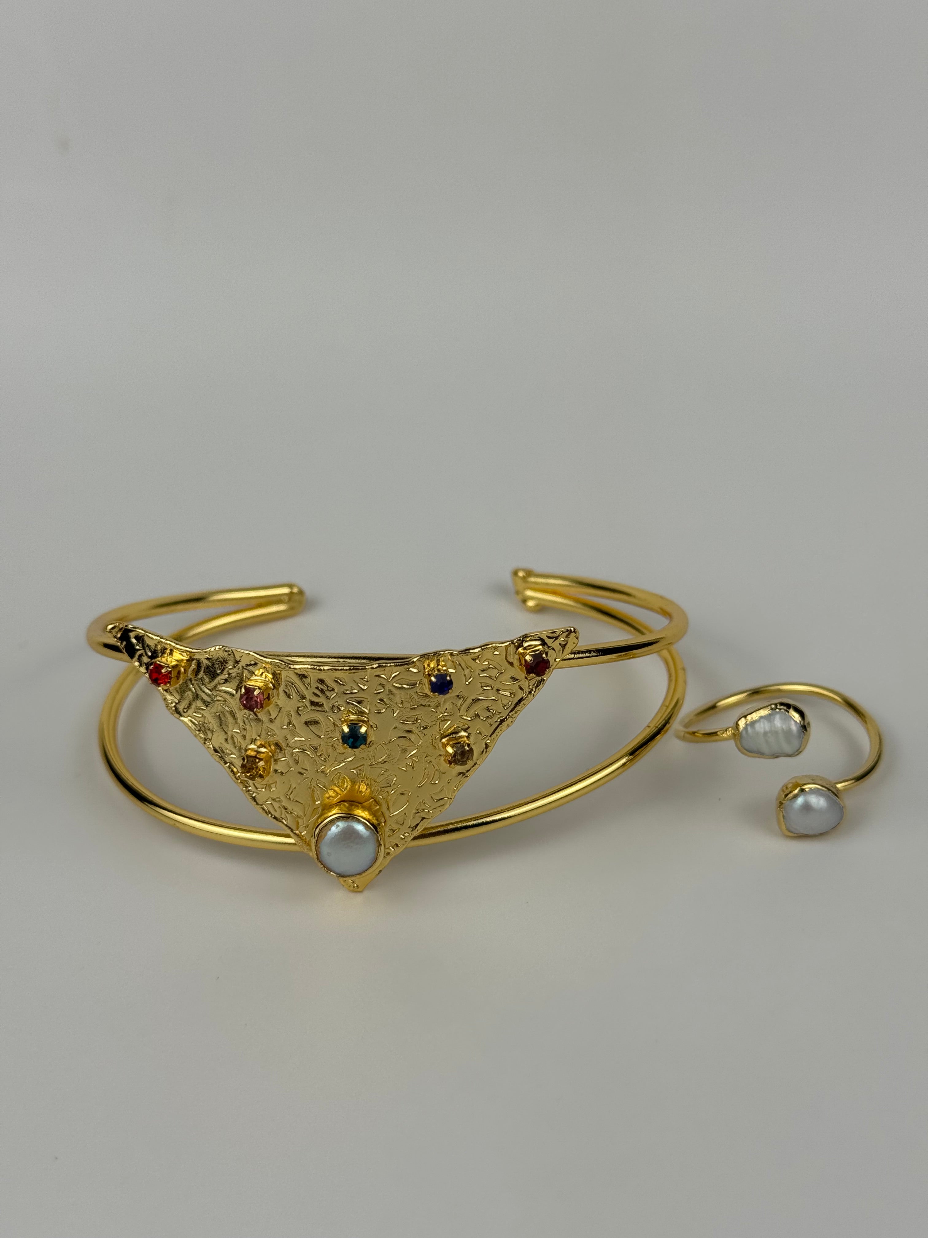 Handmade Gold Plated Bracelet & Ring Set With Real Pearl