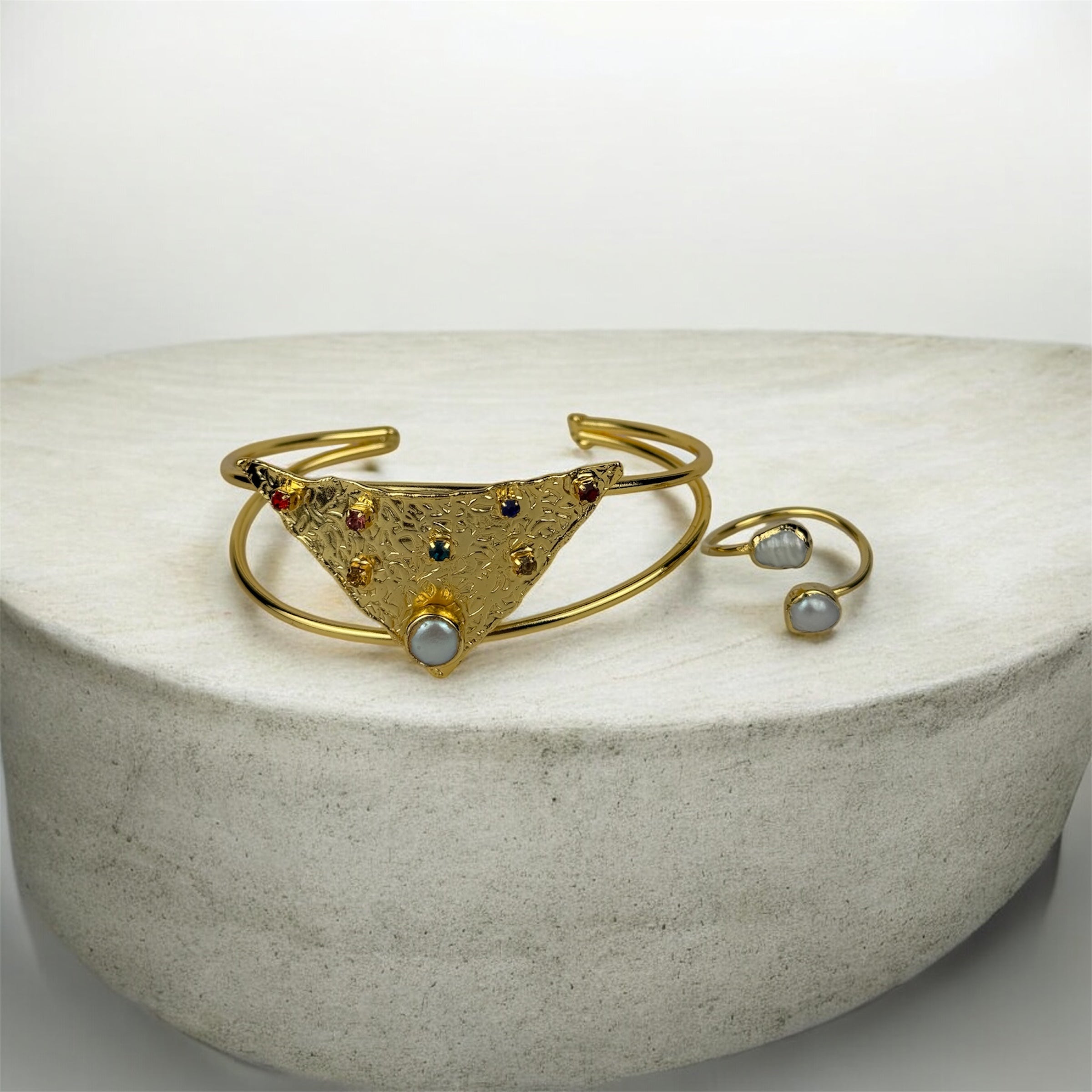 Handmade Gold Plated Bracelet & Ring Set With Real Pearl